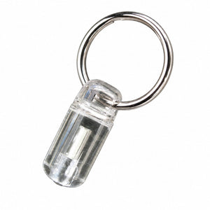 Close-up of Firefly Zip Marker with clear housing and metal key ring 