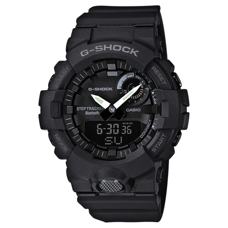 Rugged black G-SHOCK watch with shock resistant case on white background