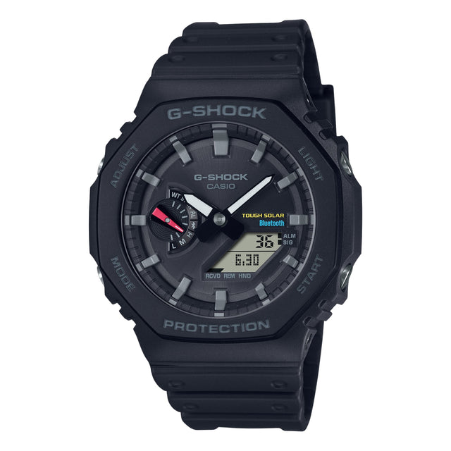 Casio G-Shock GA-B2100-1AER black watch front view with analogue digital display