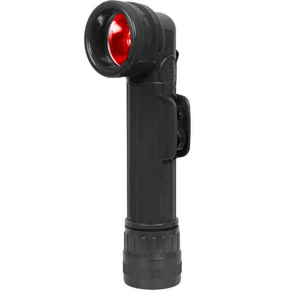 Side view of Genuine NATO Right Angle Torch in black showing red lens filter and integrated pocket clip