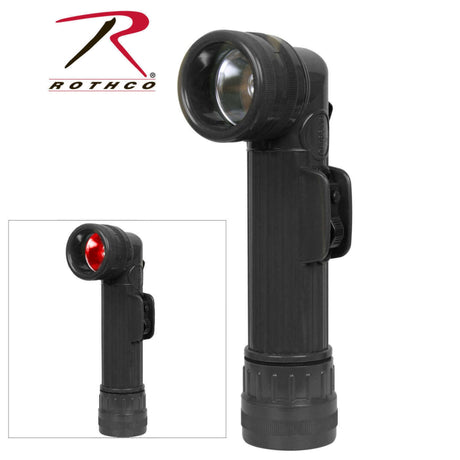 Genuine NATO black right angle military torch showing front LED lens, red filter and compact design