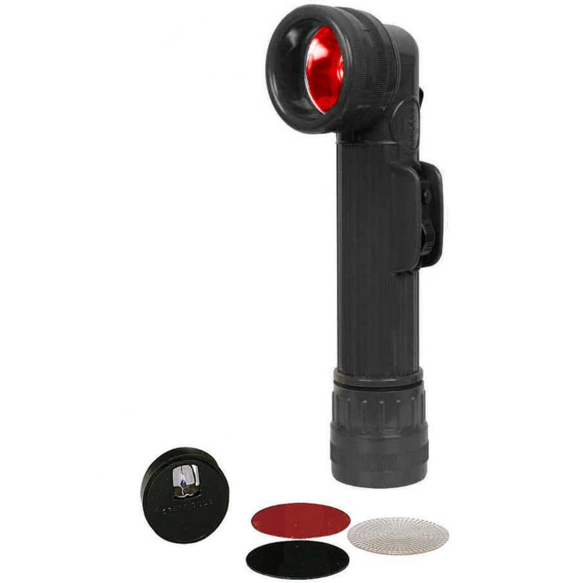Genuine NATO Right Angle Torch in black with red lens filter and interchangeable coloured filters