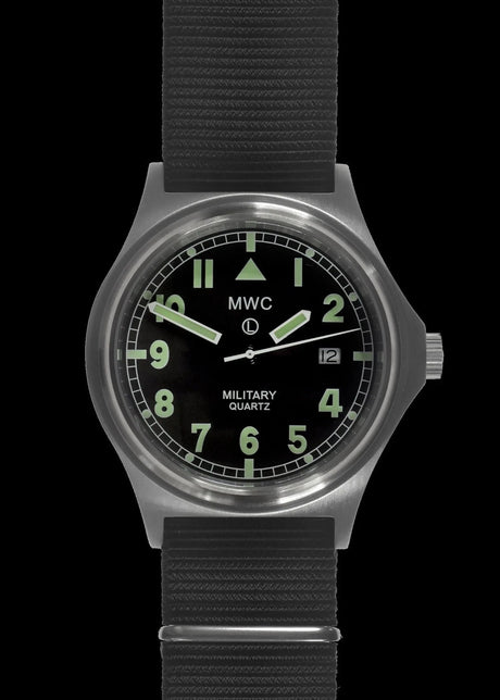 MWC Watches MWC G10 50m (165ft) Water Resistant NATO Pattern Military Watch with Satin Case Finish, Fixed Strap Bars, Sapphire Crystal and 60 Month Battery Life
