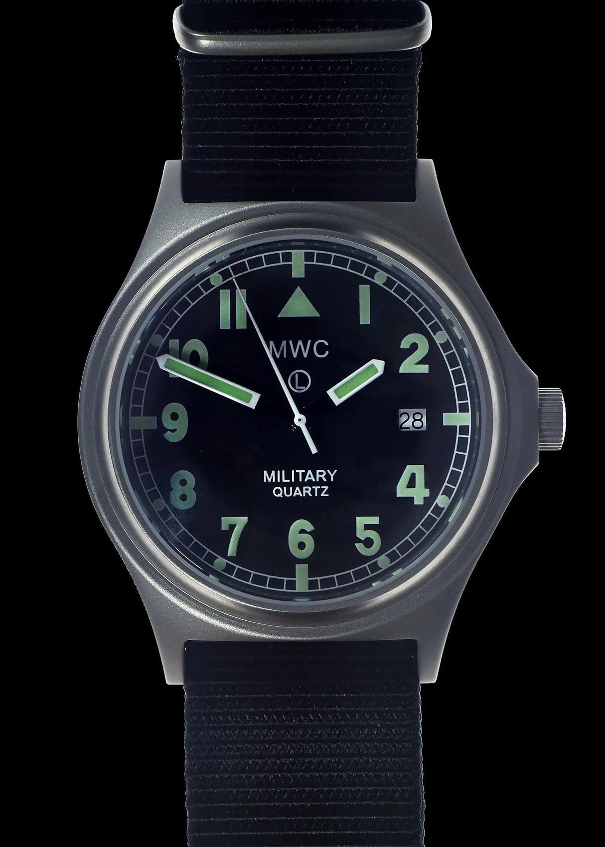 MWC Watches MWC G10 50m (165ft) Water Resistant NATO Pattern Military Watch with Satin Case Finish, Fixed Strap Bars, Sapphire Crystal and 60 Month Battery Life