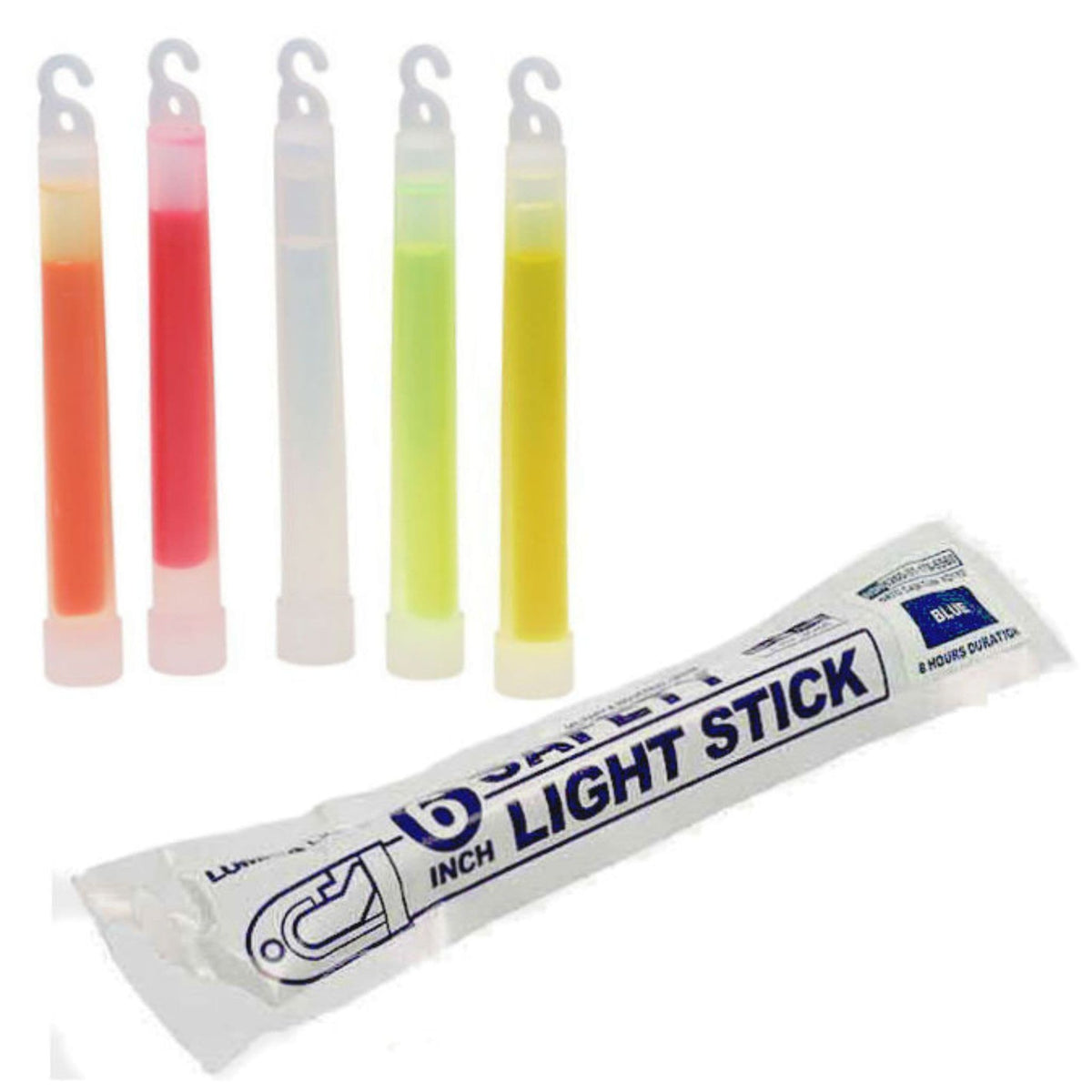 NATO 6 inch emergency glow sticks in assorted colours with individual lightstick packaging