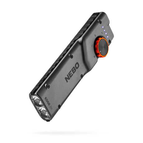 NEBO 2000 lumen rechargeable flashlight shown from an angled side view