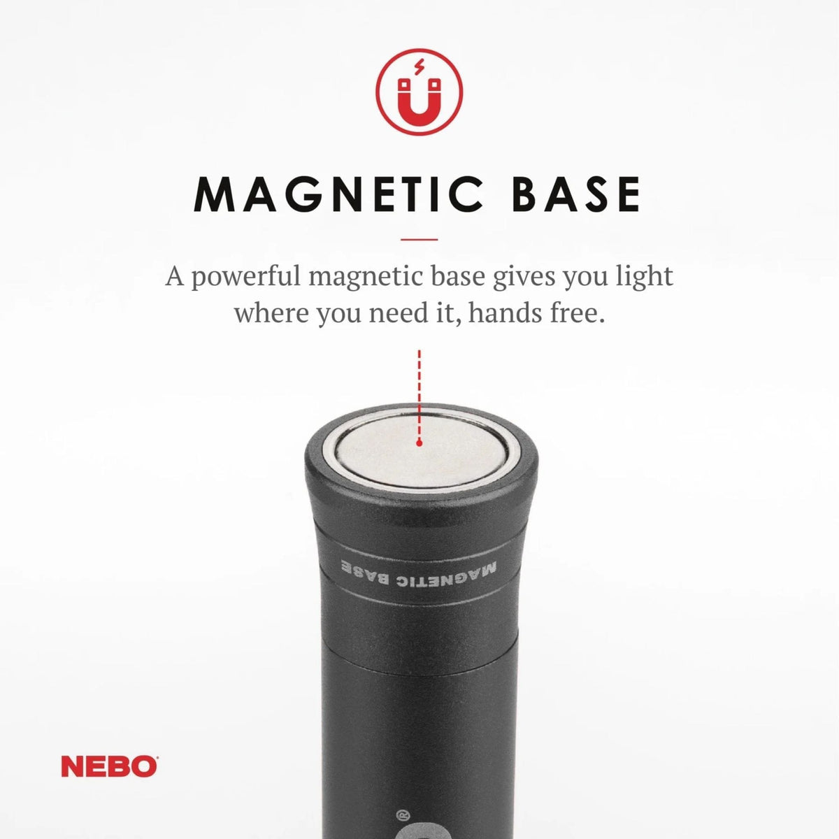 NEBO Big Larry 2 LED work light showing magnetic base for hands-free use on metal surfaces