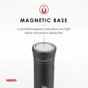 NEBO Big Larry 2 LED work light showing magnetic base for hands-free use on metal surfaces