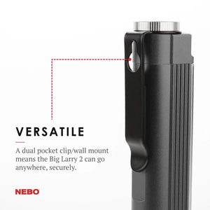 NEBO Big Larry 2 black LED inspection torch showing integrated pocket clip for hands-free carrying