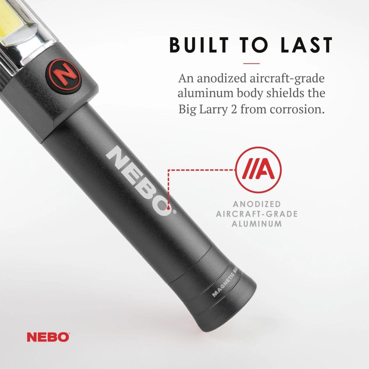 NEBO Big Larry 2 handheld LED work torch highlighting durable aluminium construction and compact design