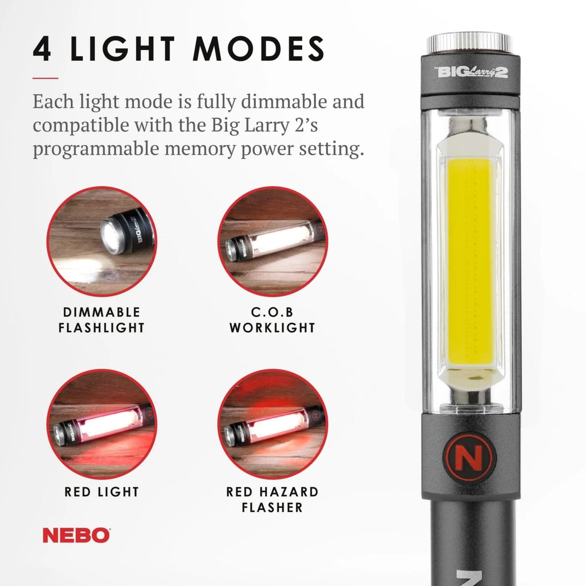 NEBO Big Larry 2 LED work light showing four lighting modes including white and red illumination