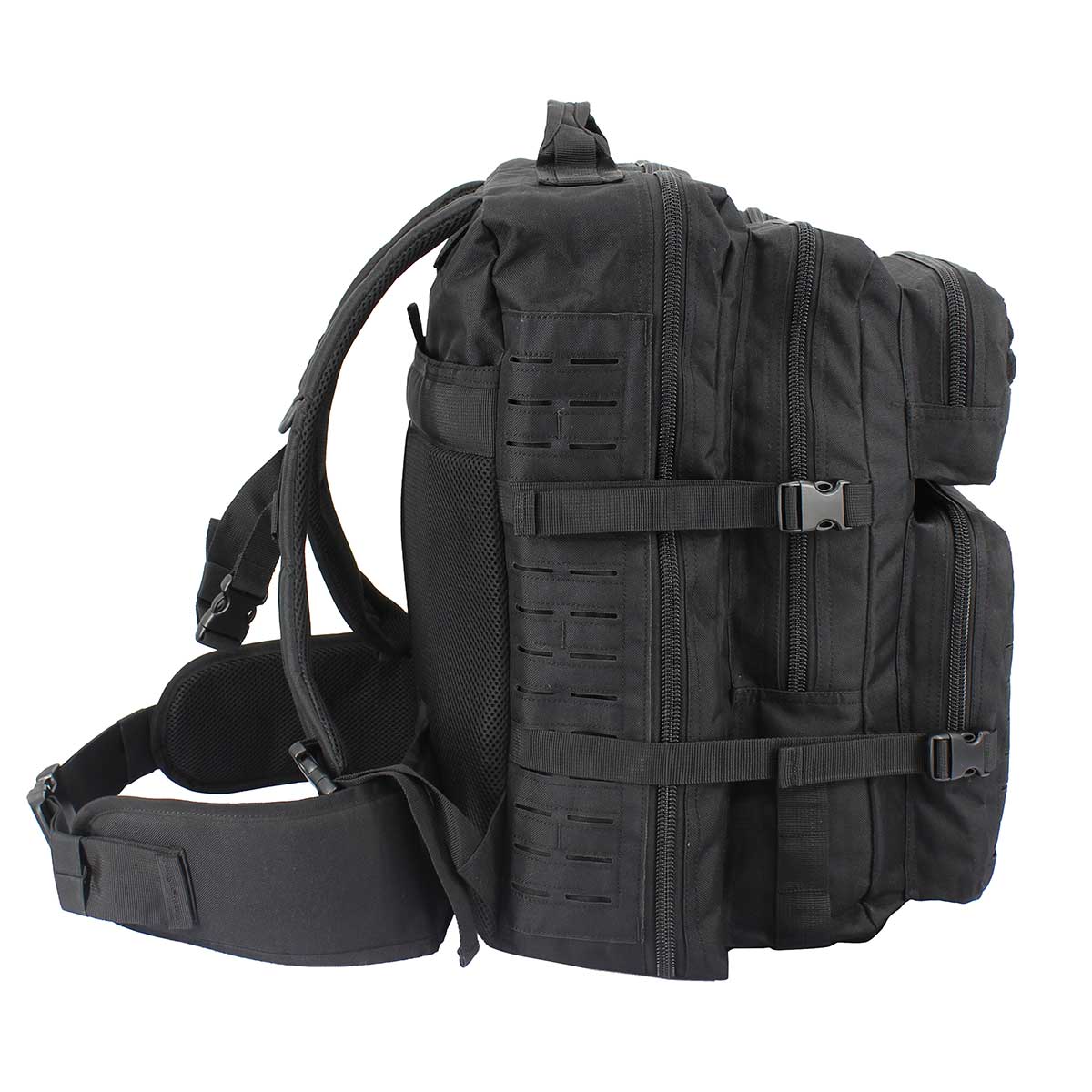 Side profile of Op. Zulu 40L police rucksack showing compression straps and laser MOLLE webbing