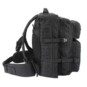 Side profile of Op. Zulu 40L police rucksack showing compression straps and laser MOLLE webbing