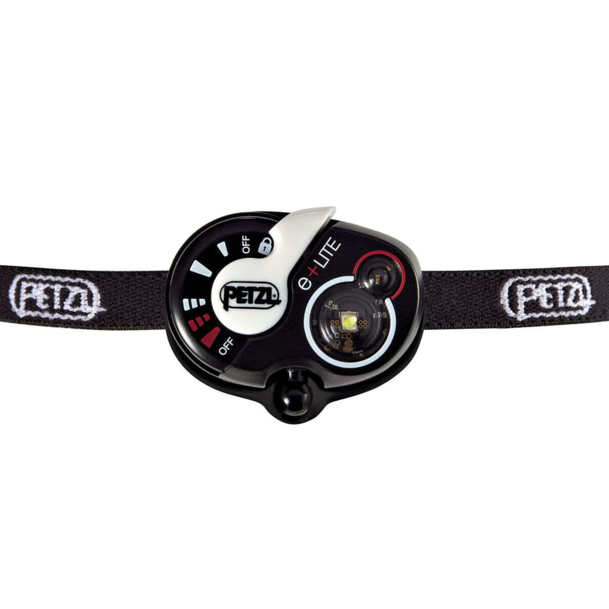 Petzl e+LITE lightweight LED headtorch showing front light unit and adjustable strap