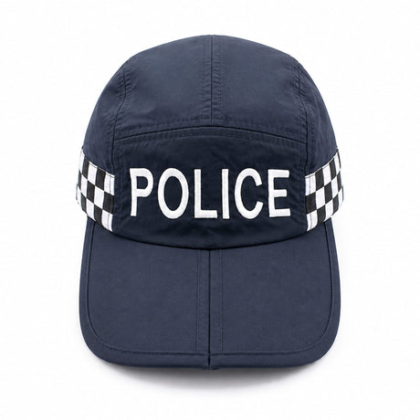 Folding police cap with checkered band and compact collapsible design on white background