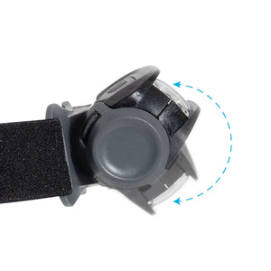 Side view of Rothco Black Cree LED Headtorch showing adjustable tilt mechanism and elastic head strap