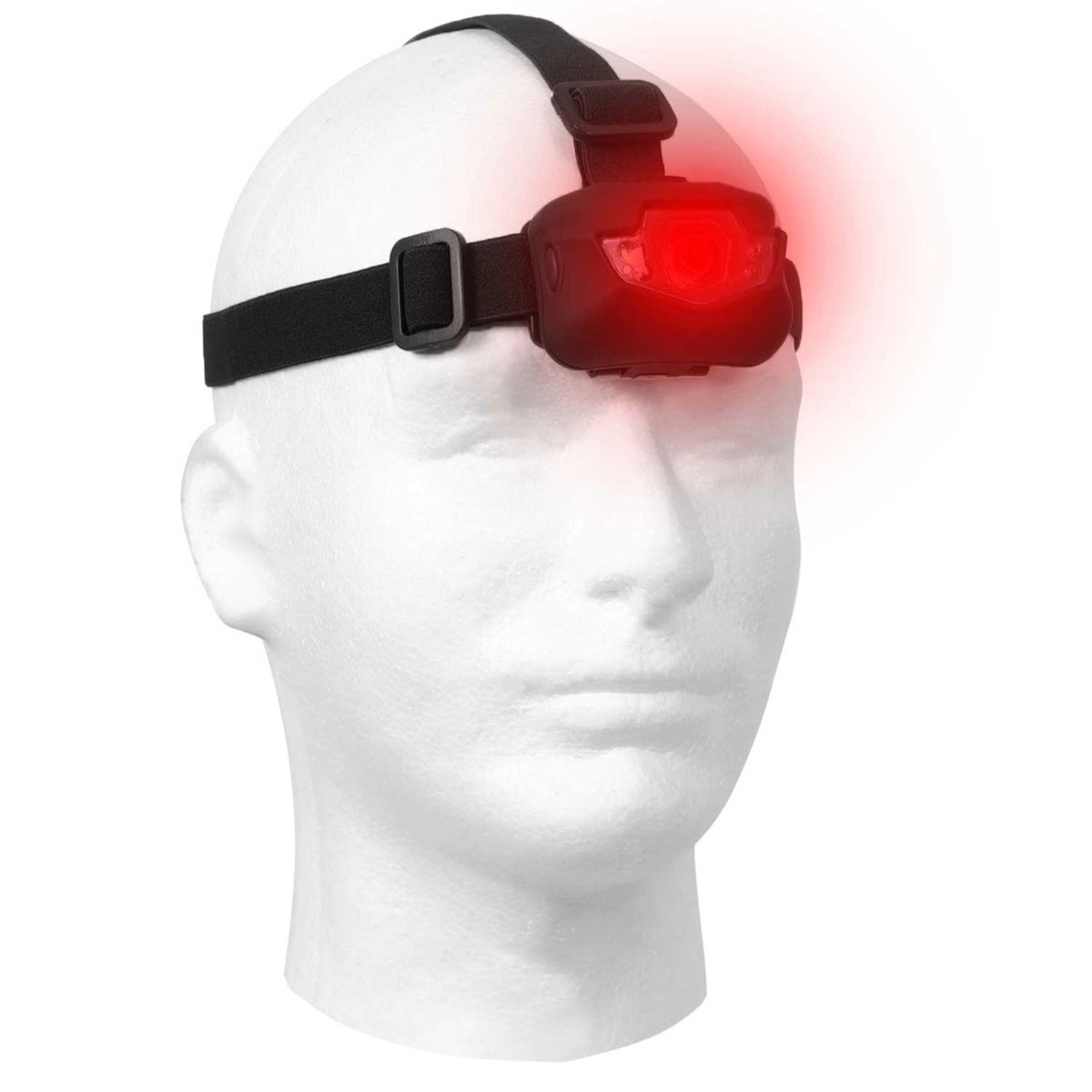 Rothco Deluxe 5-Bulb LED Headtorch worn on head mannequin showing illuminated red light mode
