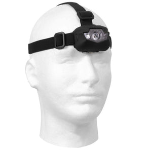 Rothco Deluxe 5-Bulb LED Headtorch worn on head mannequin showing white LED lighting for hands-free visibility