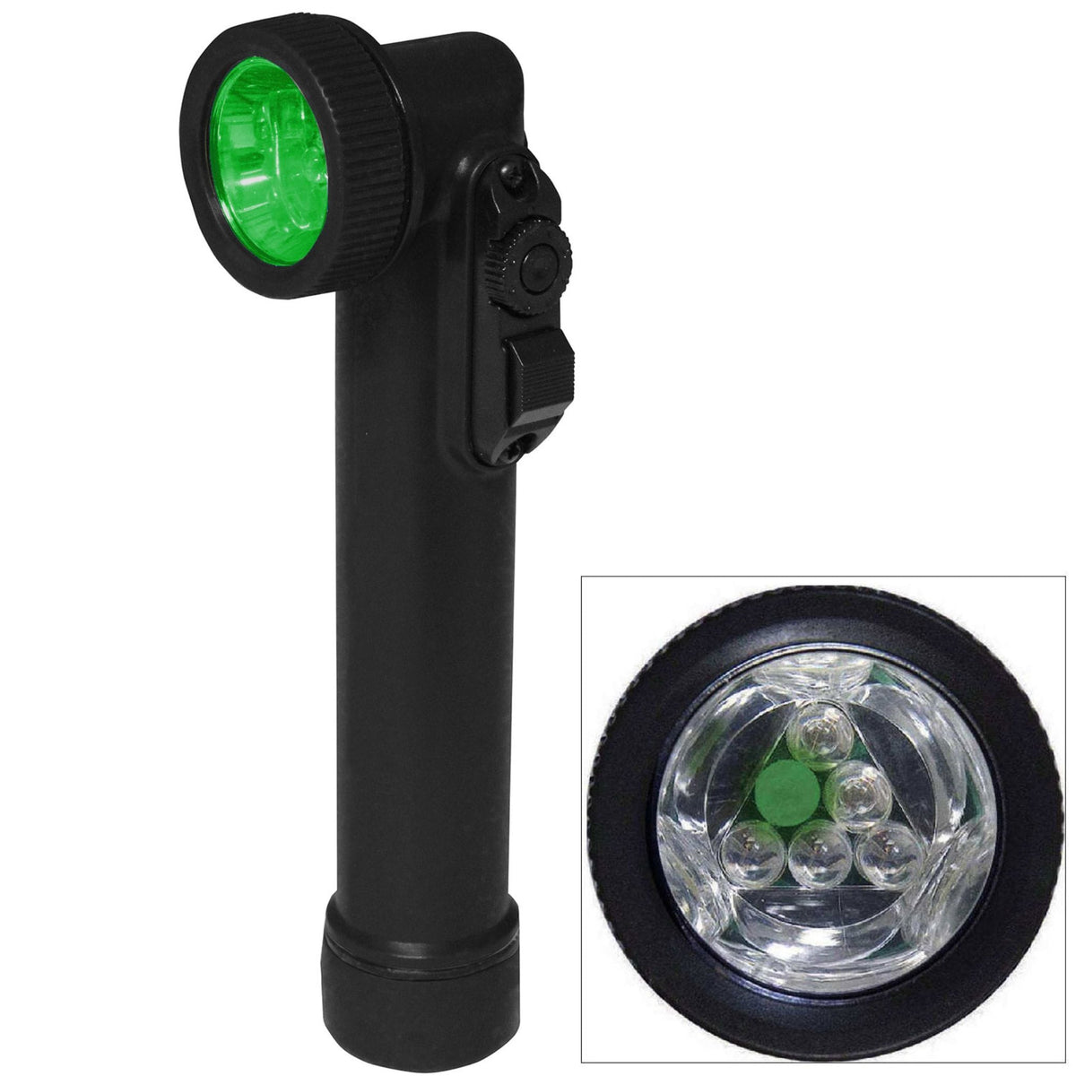 Rothco LED Mini Anglehead Flashlight in black showing green LED illumination and tactical torch design