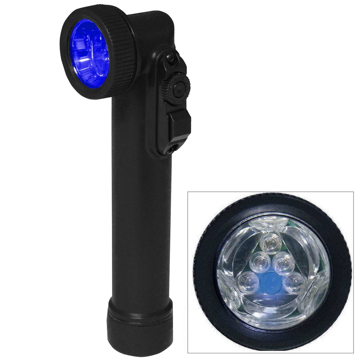 Rothco LED Mini Anglehead Flashlight in black showing blue LED light mode and compact right-angle design