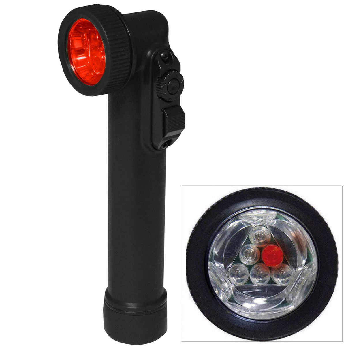 Rothco LED Mini Anglehead Flashlight in black showing red LED illumination for low-light visibility