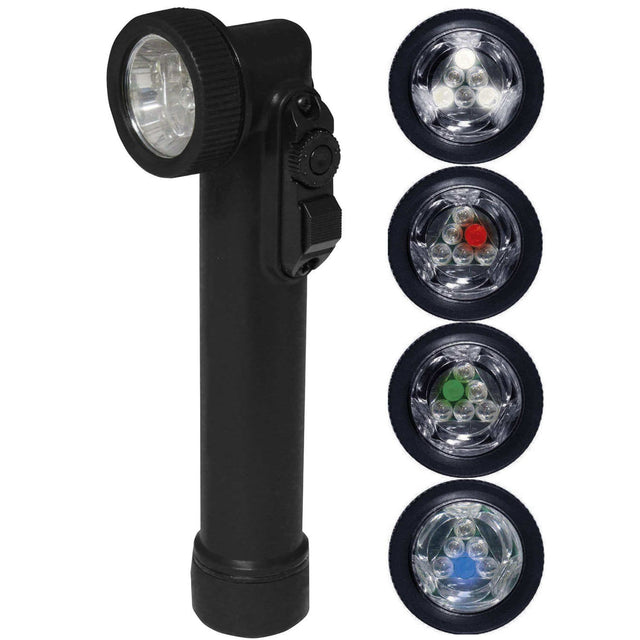 Rothco LED Mini Anglehead Flashlight in black showing compact military torch and four LED light colours