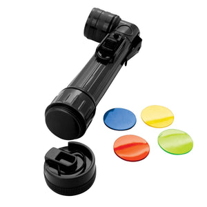 Rothco Mini Right Angled Torch in black with red, blue, yellow and green coloured lens filters