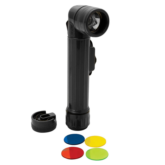 Rothco Mini Right Angled Torch in black with interchangeable coloured filters and removable cap