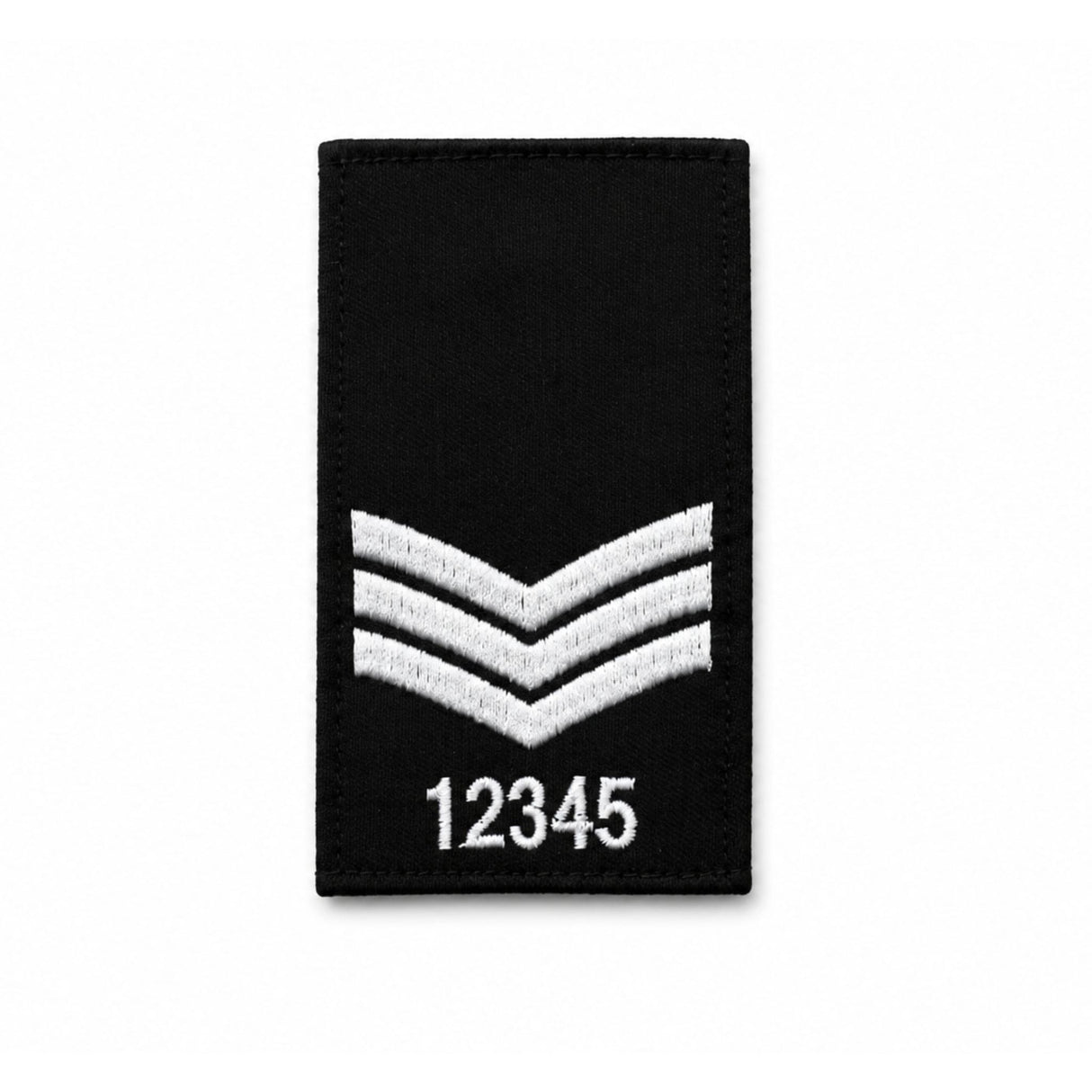 Black custom security rank slide with white embroidered numbering