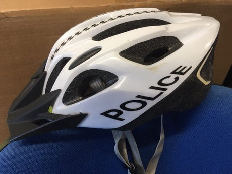Police Surplus Police Uniform 54-62cm Cycle Helmet, POLICE marked, black and white chequerboard, ''Specialised'' logo inside (Used – Grade A)