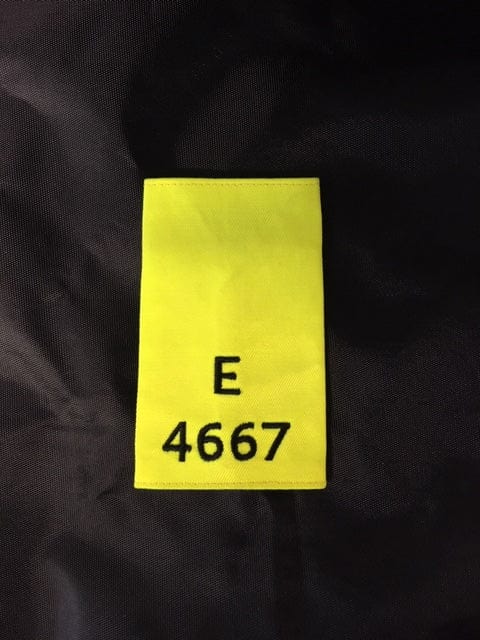 Police Surplus Police Uniform 11cm Epaulette Slides, Hi Vis yellow, black embroidered letter E and number 4667, 11cm length (Used – Grade A)