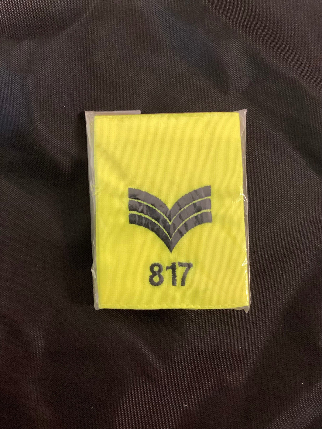 Police Surplus Police Uniform 9cm Epaulette Slides, Hi Vis yellow, black embroidered sergeant stripes and number 817, 9cm length (Used – Grade A)