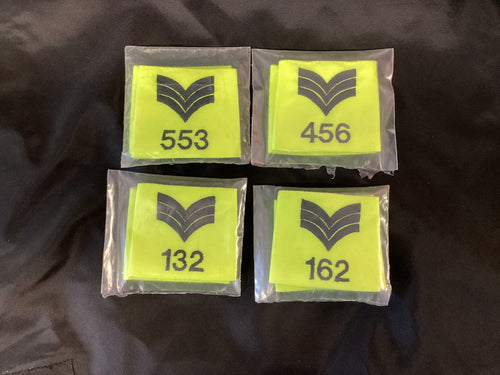 Police Surplus Police Uniform 6.5cm Epaulette Slides, Hi Vis yellow, black embroidered sergeant stripes, mixed numbers, 6.5cm length (Used – Grade A)