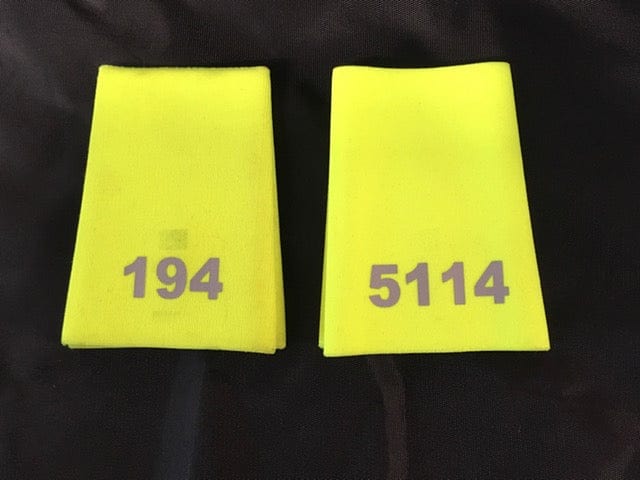 Police Surplus Police Uniform 10cm Epaulette Slides, Hi Vis yellow, with silver printed mixed numbers, 10cm length (Used – Grade A)