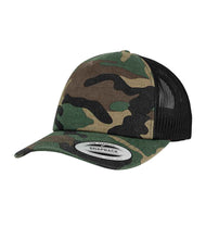 Load image into Gallery viewer, Pencarrie Headwear Flexfit Classic Snapback Wood Camo / Black Mesh

